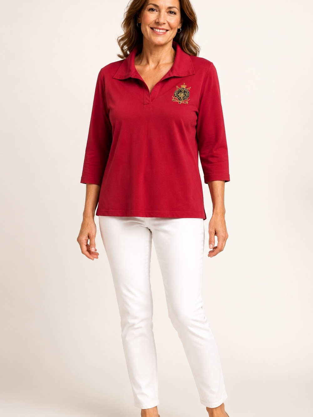 Vintage Lauren Ralph Lauren Signature Crest Red 3/4 Sleeve Polo Top XL